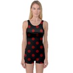 Polka Dots - Maroon Red on Black One Piece Boyleg Swimsuit