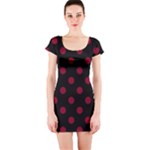 Polka Dots - Burgundy Red on Black Short Sleeve Bodycon Dress
