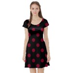 Polka Dots - Burgundy Red on Black Short Sleeve Skater Dress