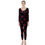 Polka Dots - Burgundy Red on Black Long Sleeve Catsuit