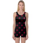 Polka Dots - Burgundy Red on Black One Piece Boyleg Swimsuit