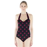 Polka Dots - Burgundy Red on Black Women s Halter One Piece Swimsuit