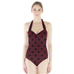 Polka Dots - Black on Bulgarian Rose Red Women s Halter One Piece Swimsuit