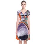 Abstract Orb in Orange, Purple, Green, and Black Short Sleeve Front Wrap Dress