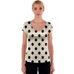 Polka Dots - Black on Pearl Brown Women s V-Neck Cap Sleeve Top