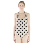 Polka Dots - Black on Pearl Brown Women s Halter One Piece Swimsuit