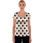 Polka Dots - Black on Almond Brown Women s V-Neck Cap Sleeve Top