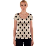 Polka Dots - Black on Pastel Brown Women s V-Neck Cap Sleeve Top