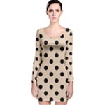 Polka Dots - Black on Pastel Brown Long Sleeve Velvet Bodycon Dress