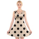 Polka Dots - Black on Pastel Brown V-Neck Sleeveless Dress