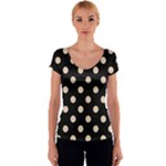 Polka Dots - Pastel Brown on Black Women s V-Neck Cap Sleeve Top