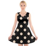 Polka Dots - Pastel Brown on Black V-Neck Sleeveless Dress