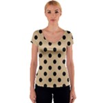 Polka Dots - Black on Tan Brown Women s V-Neck Cap Sleeve Top
