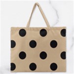 Polka Dots - Black on Tan Brown Zipper Large Tote Bag
