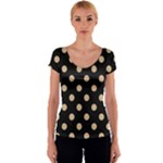 Polka Dots - Tan Brown on Black Women s V-Neck Cap Sleeve Top