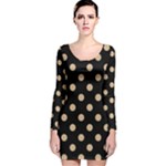 Polka Dots - Tan Brown on Black Long Sleeve Velvet Bodycon Dress