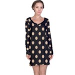 Polka Dots - Tan Brown on Black Long Sleeve Nightdress
