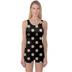Polka Dots - Tan Brown on Black One Piece Boyleg Swimsuit