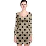 Polka Dots - Black on Khaki Brown Long Sleeve Bodycon Dress