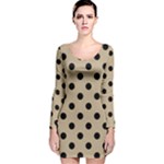 Polka Dots - Black on Khaki Brown Long Sleeve Velvet Bodycon Dress