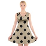 Polka Dots - Black on Khaki Brown V-Neck Sleeveless Dress