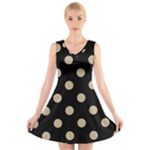 Polka Dots - Khaki Brown on Black V-Neck Sleeveless Dress