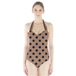 Polka Dots - Black on French Beige Women s Halter One Piece Swimsuit