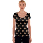 Polka Dots - French Beige on Black Women s V-Neck Cap Sleeve Top
