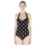 Polka Dots - French Beige on Black Women s Halter One Piece Swimsuit