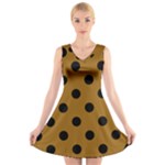 Polka Dots - Black on Golden Brown V-Neck Sleeveless Dress