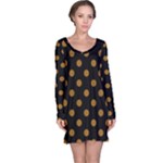 Polka Dots - Golden Brown on Black Long Sleeve Nightdress