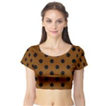 Polka Dots - Black on Chocolate Brown Short Sleeve Crop Top (Tight Fit)