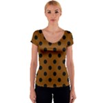 Polka Dots - Black on Chocolate Brown Women s V-Neck Cap Sleeve Top