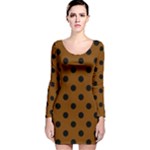 Polka Dots - Black on Chocolate Brown Long Sleeve Velvet Bodycon Dress