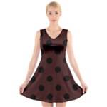 Polka Dots - Black on Dark Sienna Brown V-Neck Sleeveless Dress