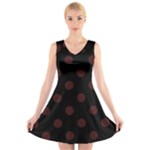 Polka Dots - Dark Sienna Brown on Black V-Neck Sleeveless Dress