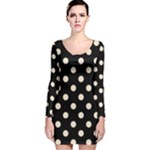 Polka Dots - Champagne Orange on Black Long Sleeve Velvet Bodycon Dress