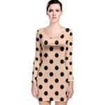 Polka Dots - Black on Apricot Orange Long Sleeve Velvet Bodycon Dress