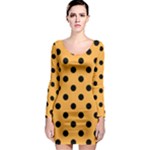 Polka Dots - Black on Pastel Orange Long Sleeve Bodycon Dress