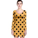 Polka Dots - Black on Pastel Orange Long Sleeve Velvet Bodycon Dress