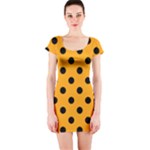 Polka Dots - Black on Dark Tangerine Orange Short Sleeve Bodycon Dress
