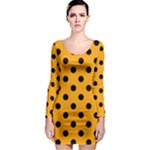 Polka Dots - Black on Dark Tangerine Orange Long Sleeve Bodycon Dress