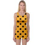 Polka Dots - Black on Dark Tangerine Orange One Piece Boyleg Swimsuit