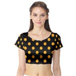 Polka Dots - Dark Tangerine Orange on Black Short Sleeve Crop Top (Tight Fit)