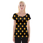 Polka Dots - Dark Tangerine Orange on Black Women s Cap Sleeve Top