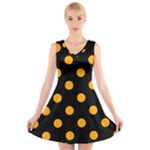 Polka Dots - Dark Tangerine Orange on Black V-Neck Sleeveless Dress