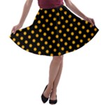 Polka Dots - Dark Tangerine Orange on Black A-line Skater Skirt
