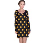 Polka Dots - Dark Tangerine Orange on Black Long Sleeve Nightdress