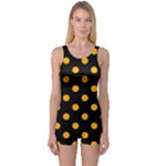 Polka Dots - Dark Tangerine Orange on Black One Piece Boyleg Swimsuit