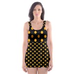Polka Dots - Dark Tangerine Orange on Black Skater Dress Swimsuit